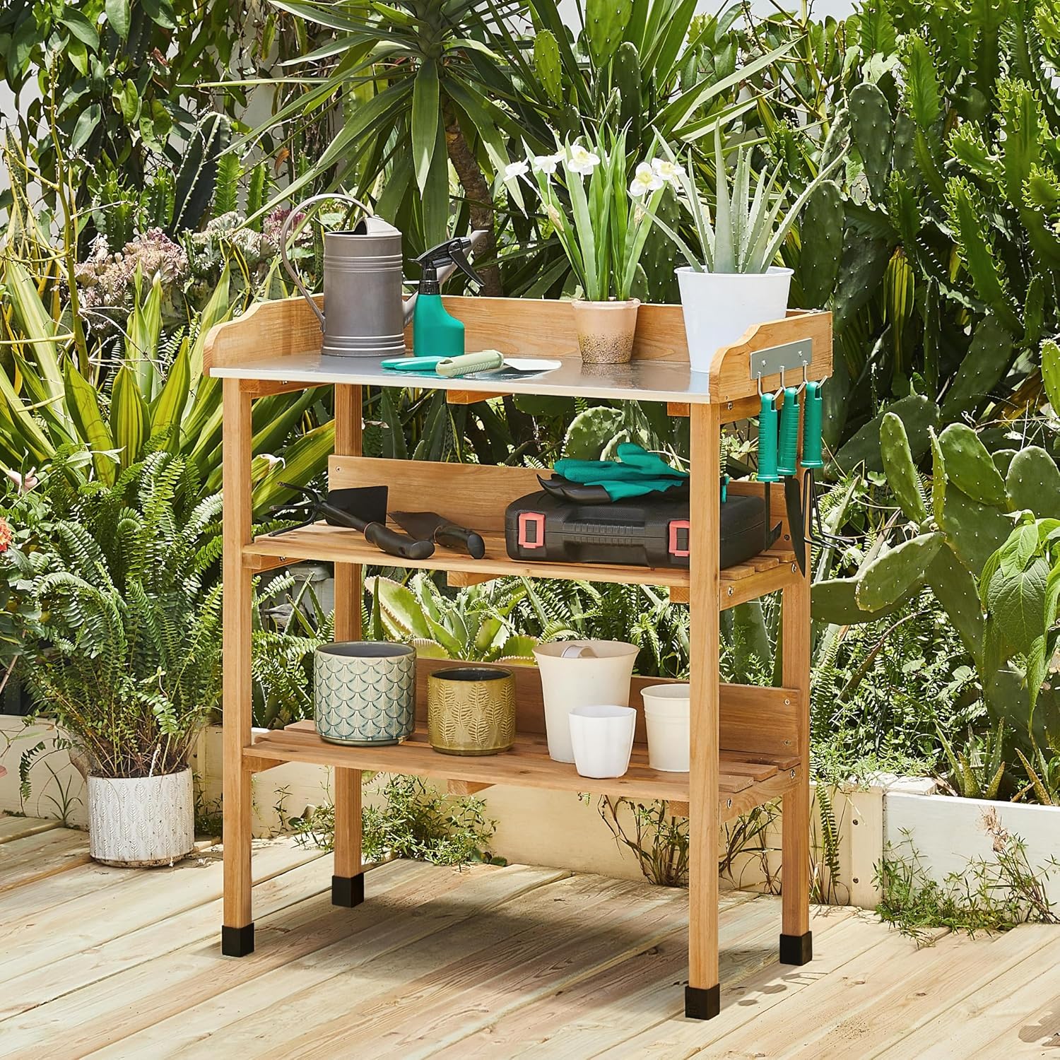Yaheetech Outdoor Garden Potting Bench Table Wooden Horticulture Planting Worstation w-Metal Tabletop-Storage Shelf-3 Hooks, Natural Wood - 2