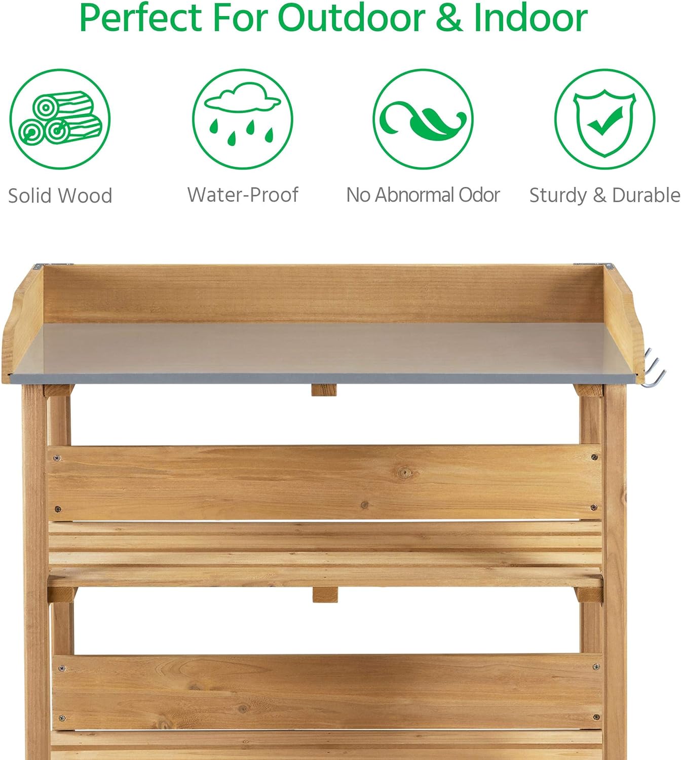 Yaheetech Outdoor Garden Potting Bench Table Wooden Horticulture Planting Worstation w-Metal Tabletop-Storage Shelf-3 Hooks, Natural Wood - 5