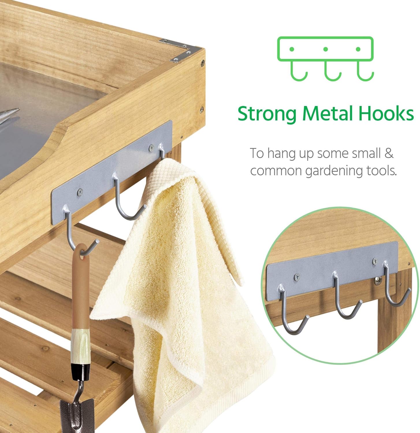 Yaheetech Outdoor Garden Potting Bench Table Wooden Horticulture Planting Worstation w-Metal Tabletop-Storage Shelf-3 Hooks, Natural Wood - 6