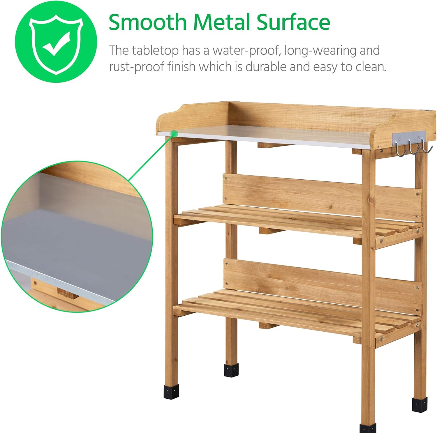 Yaheetech Outdoor Garden Potting Bench Table Wooden Horticulture Planting Worstation w-Metal Tabletop-Storage Shelf-3 Hooks, Natural Wood - 7