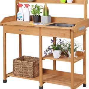 Yaheetech Potting Bench Outdoor Garden Work Bench Station Planting Solid Wood Construction for Horticulture w-Sink Drawer Rack Shelves Natural Wood - 1