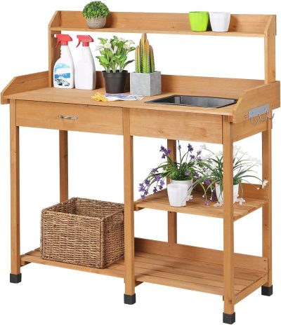 Yaheetech Potting Bench Outdoor Garden Work Bench Station Planting Solid Wood Construction for Horticulture w-Sink Drawer Rack Shelves Natural Wood - 1