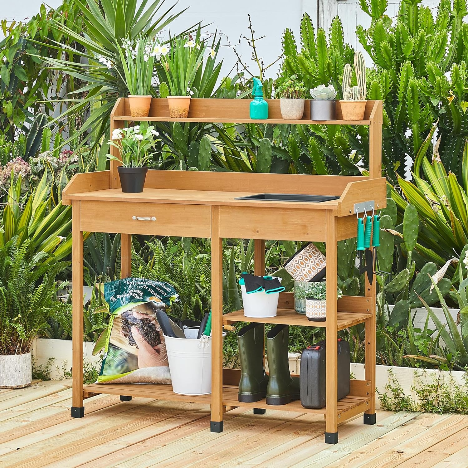 Yaheetech Potting Bench Outdoor Garden Work Bench Station Planting Solid Wood Construction for Horticulture w-Sink Drawer Rack Shelves Natural Wood - 2