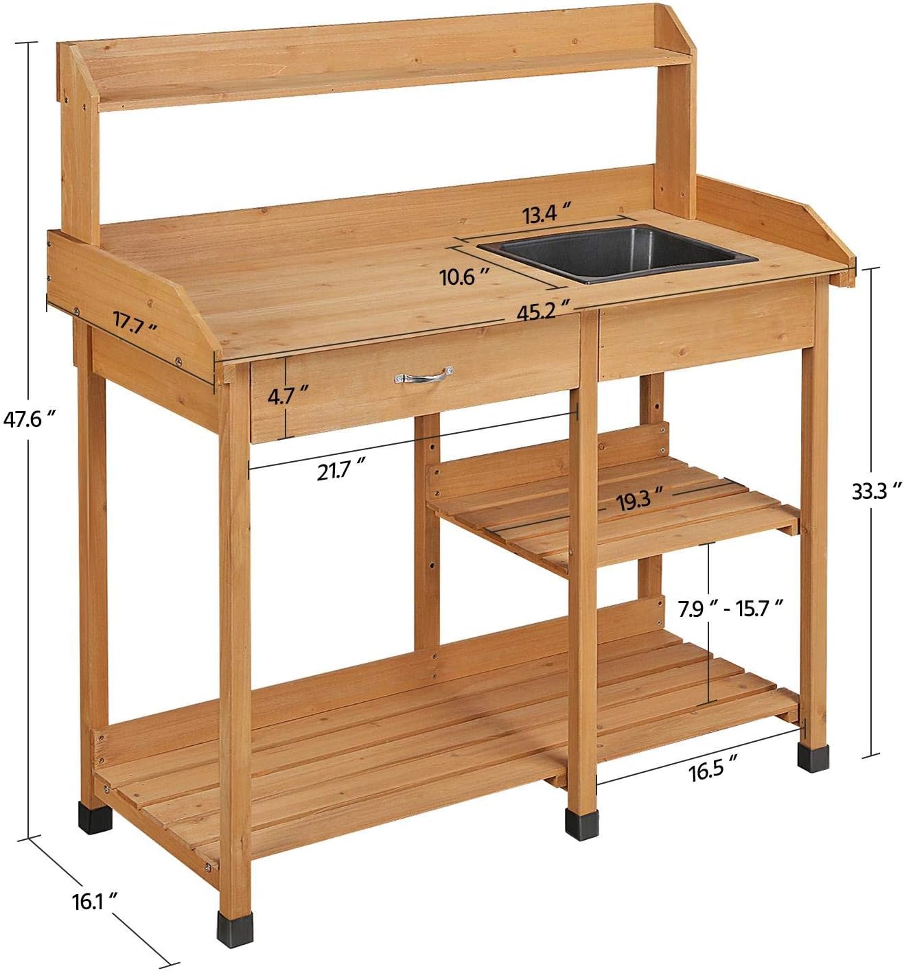Yaheetech Potting Bench Outdoor Garden Work Bench Station Planting Solid Wood Construction for Horticulture w-Sink Drawer Rack Shelves Natural Wood - 3