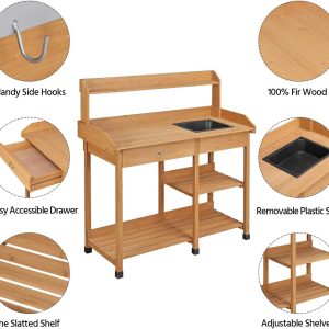 Yaheetech Potting Bench Outdoor Garden Work Bench Station Planting Solid Wood Construction for Horticulture w-Sink Drawer Rack Shelves Natural Wood - 4