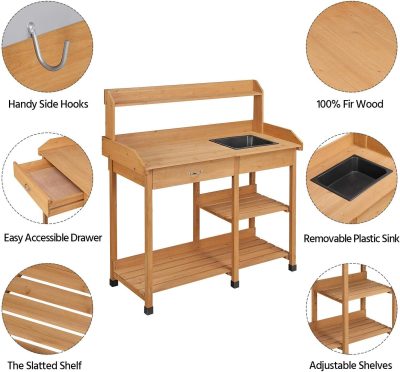 Yaheetech Potting Bench Outdoor Garden Work Bench Station Planting Solid Wood Construction for Horticulture w-Sink Drawer Rack Shelves Natural Wood - 4