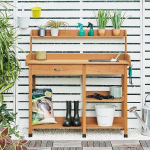 Yaheetech Potting Bench Outdoor Garden Work Bench Station Planting Solid Wood Construction for Horticulture w-Sink Drawer Rack Shelves Natural Wood - 5