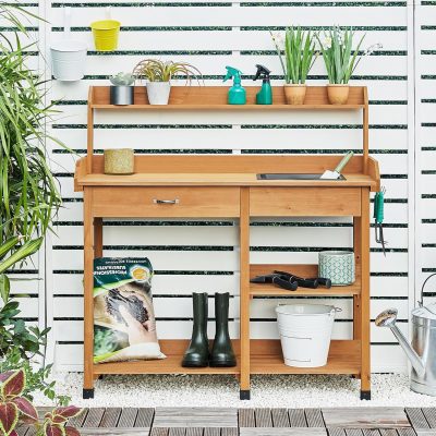 Yaheetech Potting Bench Outdoor Garden Work Bench Station Planting Solid Wood Construction for Horticulture w-Sink Drawer Rack Shelves Natural Wood - 5