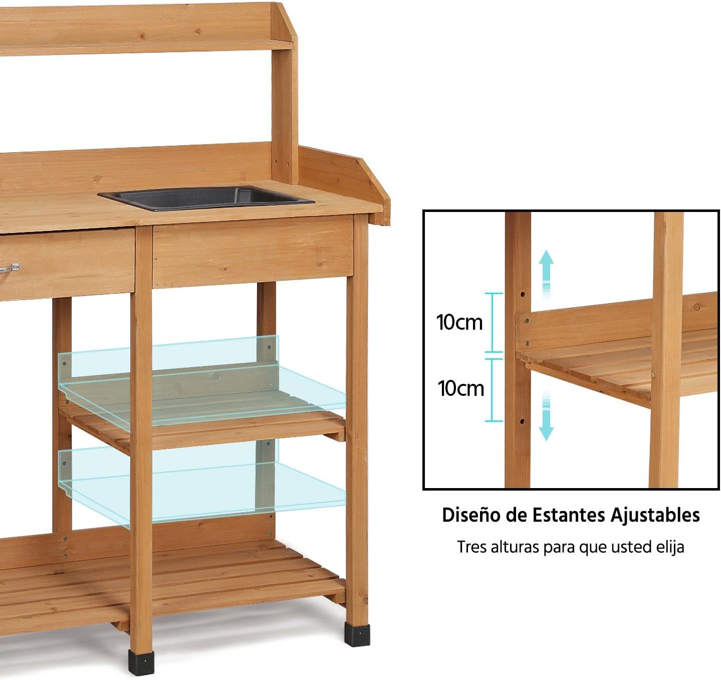 Yaheetech Potting Bench Outdoor Garden Work Bench Station Planting Solid Wood Construction for Horticulture w-Sink Drawer Rack Shelves Natural Wood - 6