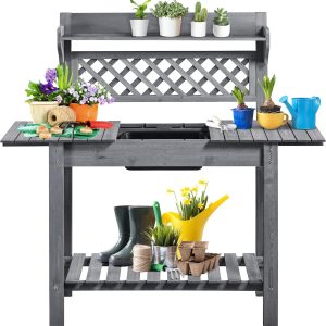 Yaheetech Potting Bench Table Outdoor Garden Potting Table Wooden Workstation w-Sliding Tabletop Removable Sink w-Storage Shelf Flower Pot Bench Mobile Garden Potting Bench Gray - 1