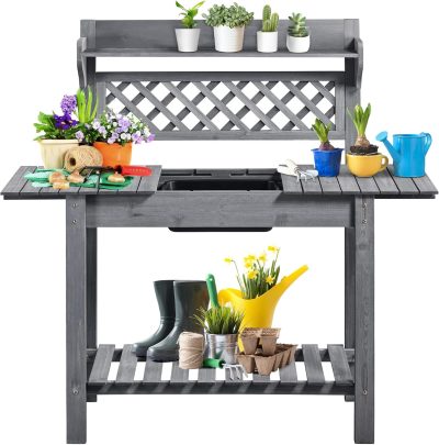 Yaheetech Potting Bench Table Outdoor Garden Potting Table Wooden Workstation w-Sliding Tabletop Removable Sink w-Storage Shelf Flower Pot Bench Mobile Garden Potting Bench Gray - 1