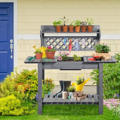 Yaheetech Potting Bench Table Outdoor Garden Potting Table Wooden Workstation w-Sliding Tabletop Removable Sink w-Storage Shelf Flower Pot Bench Mobile Garden Potting Bench Gray - 2