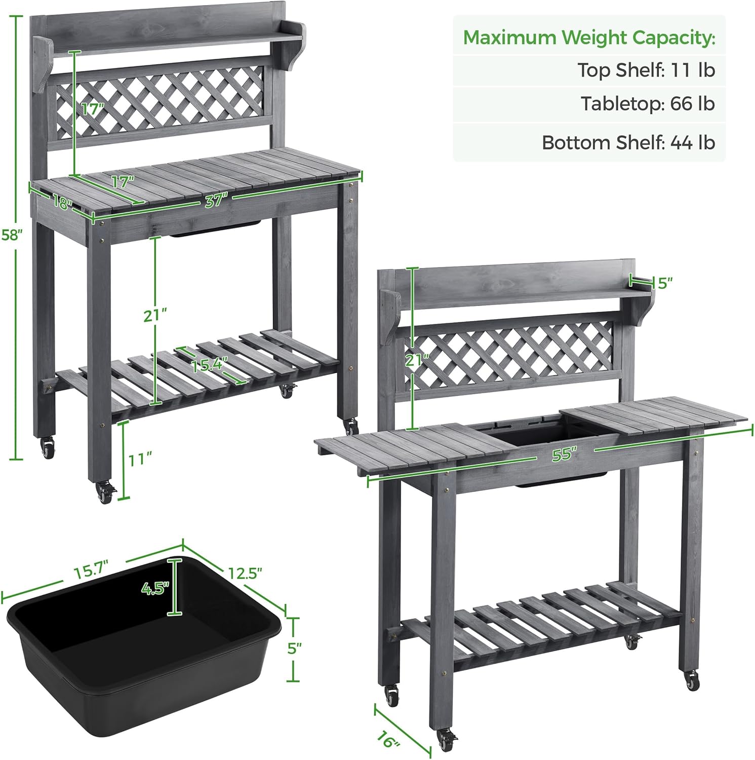 Yaheetech Potting Bench Table Outdoor Garden Potting Table Wooden Workstation w-Sliding Tabletop Removable Sink w-Storage Shelf Flower Pot Bench Mobile Garden Potting Bench Gray - 3