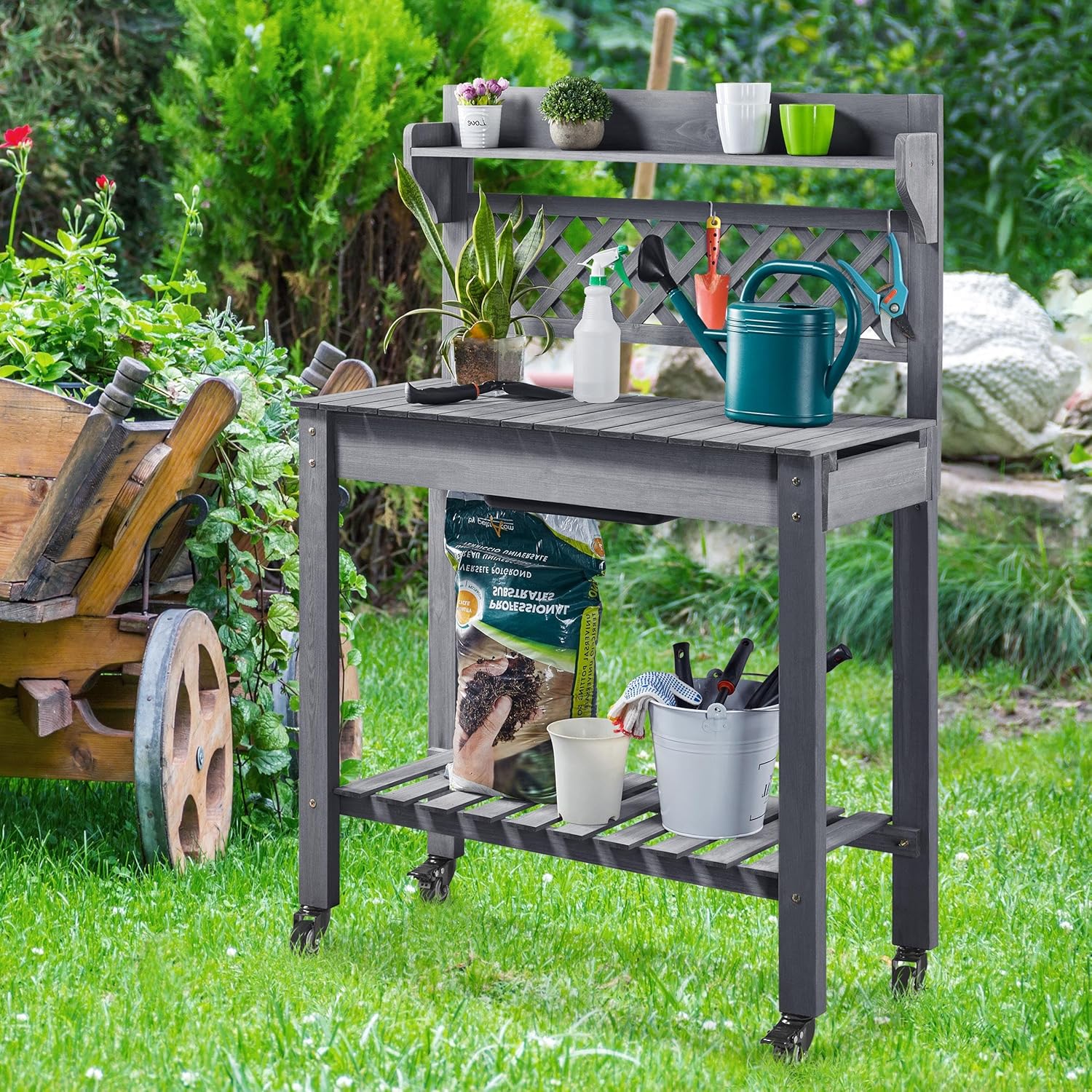 Yaheetech Potting Bench Table Outdoor Garden Potting Table Wooden Workstation w-Sliding Tabletop Removable Sink w-Storage Shelf Flower Pot Bench Mobile Garden Potting Bench Gray - 4