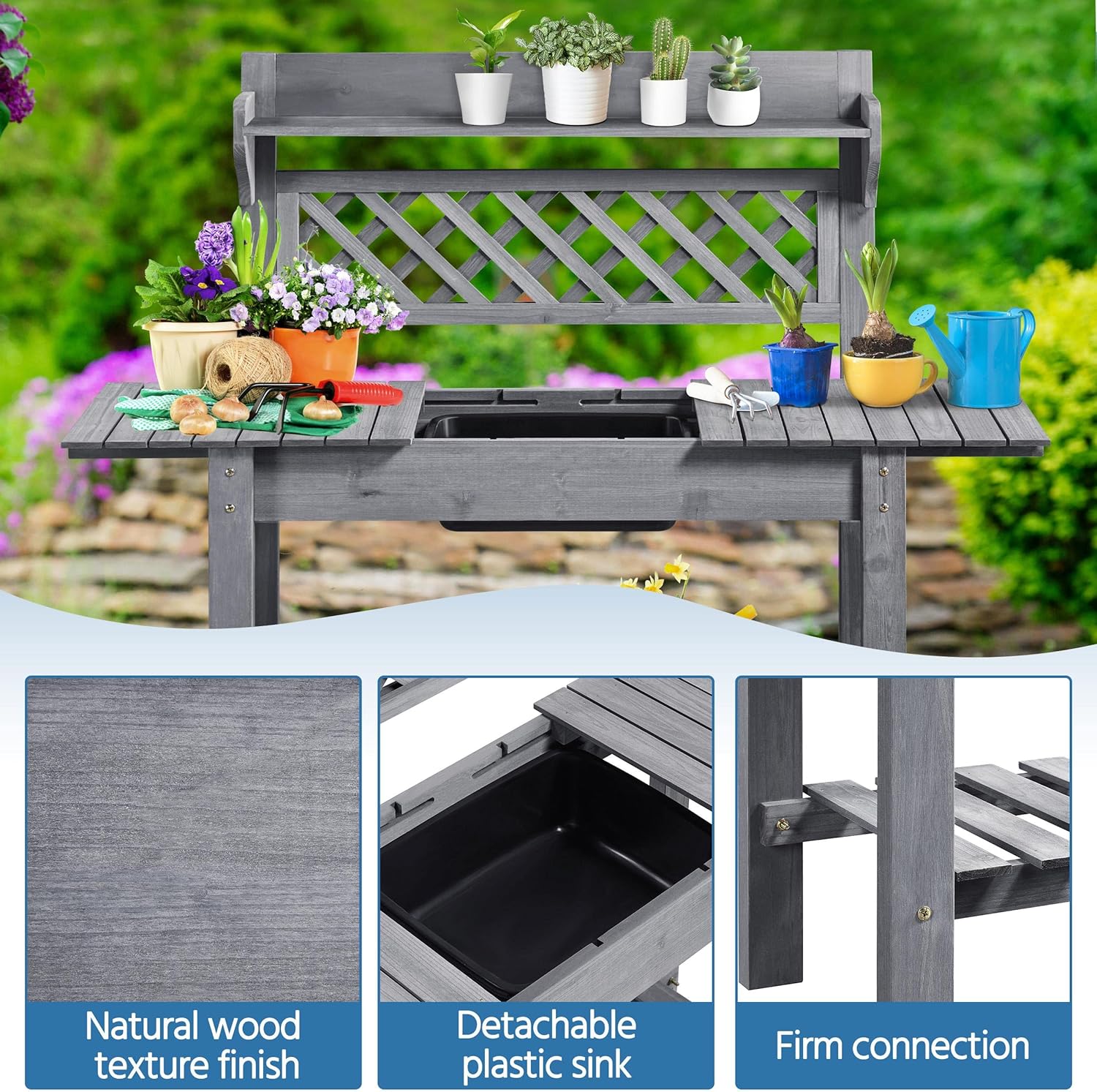Yaheetech Potting Bench Table Outdoor Garden Potting Table Wooden Workstation w-Sliding Tabletop Removable Sink w-Storage Shelf Flower Pot Bench Mobile Garden Potting Bench Gray - 5