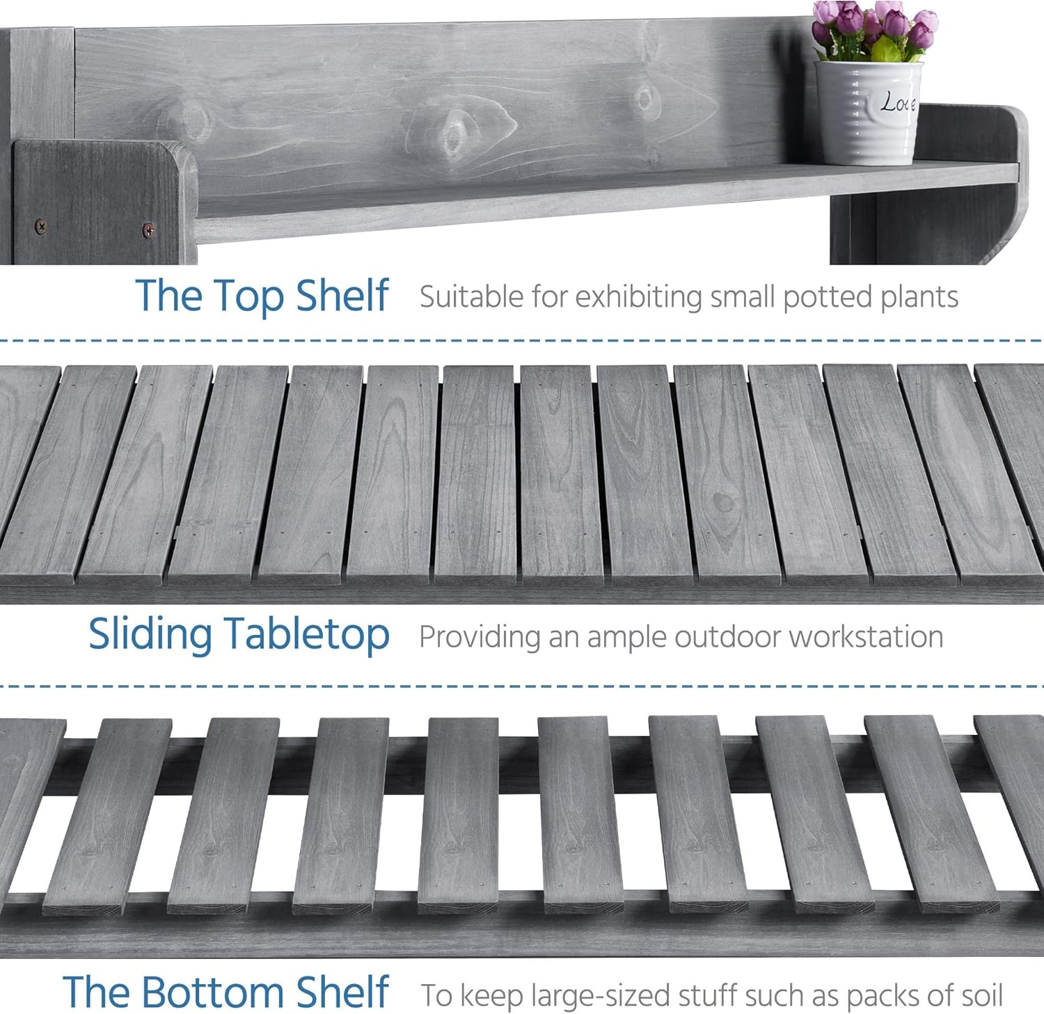 Yaheetech Potting Bench Table Outdoor Garden Potting Table Wooden Workstation w-Sliding Tabletop Removable Sink w-Storage Shelf Flower Pot Bench Mobile Garden Potting Bench Gray - 6