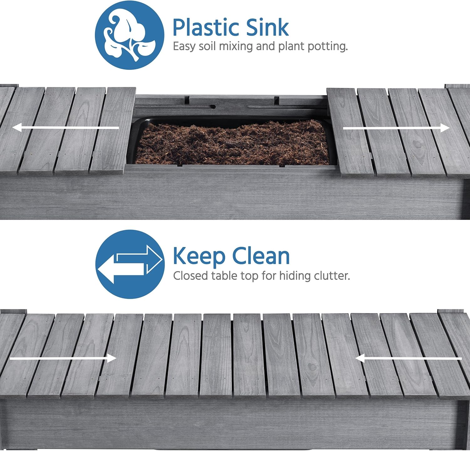 Yaheetech Potting Bench Table Outdoor Garden Potting Table Wooden Workstation w-Sliding Tabletop Removable Sink w-Storage Shelf Flower Pot Bench Mobile Garden Potting Bench Gray - 7