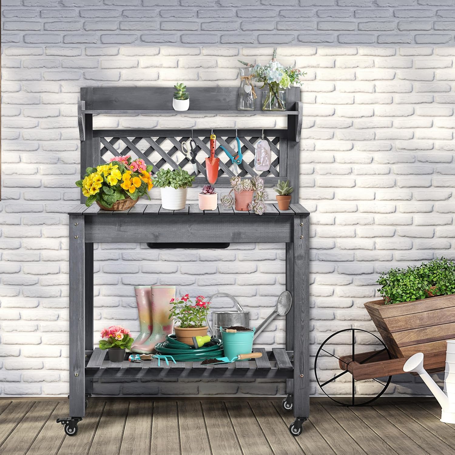 Yaheetech Potting Bench Table Outdoor Garden Potting Table Wooden Workstation w-Sliding Tabletop Removable Sink w-Storage Shelf Flower Pot Bench Mobile Garden Potting Bench Gray - 8