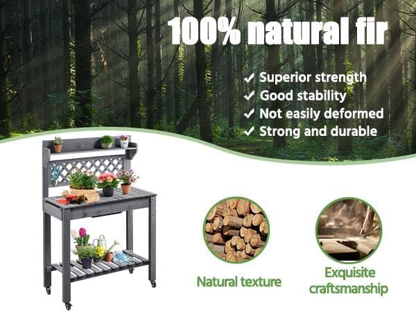 Yaheetech Potting Bench Table Outdoor Garden Potting Table Wooden Workstation w-Sliding Tabletop Removable Sink w-Storage Shelf Flower Pot Bench Mobile Garden Potting Bench Gray - 9