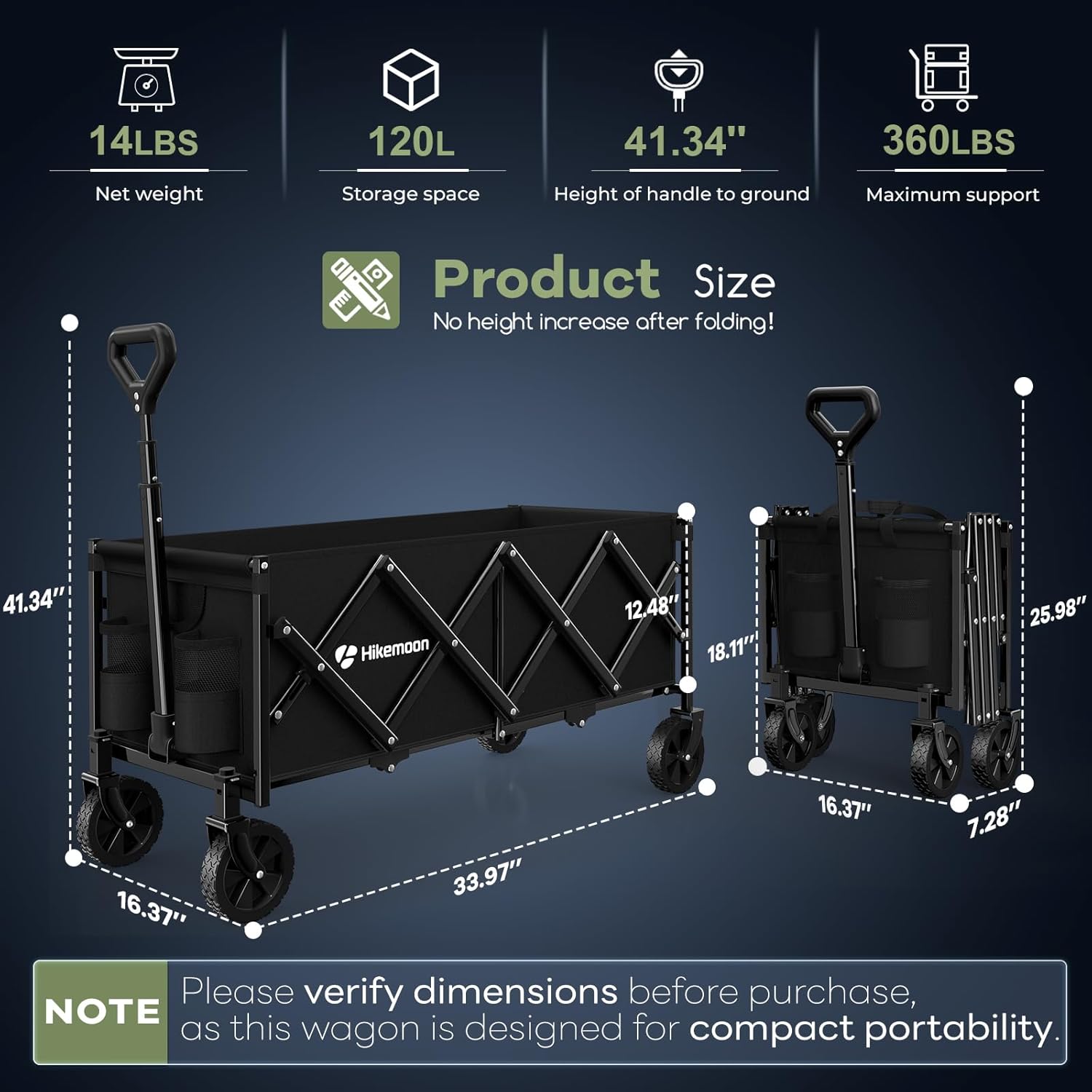 34'' Extra Long Collapsible Wagons Carts Foldable, 360LBS Heavy Duty Folding Beach Wagon Cart with Wheels, Portable Utility Outdoor Wagon for Grocery, Shopping, Garden, Sports, Camping, Black - 4