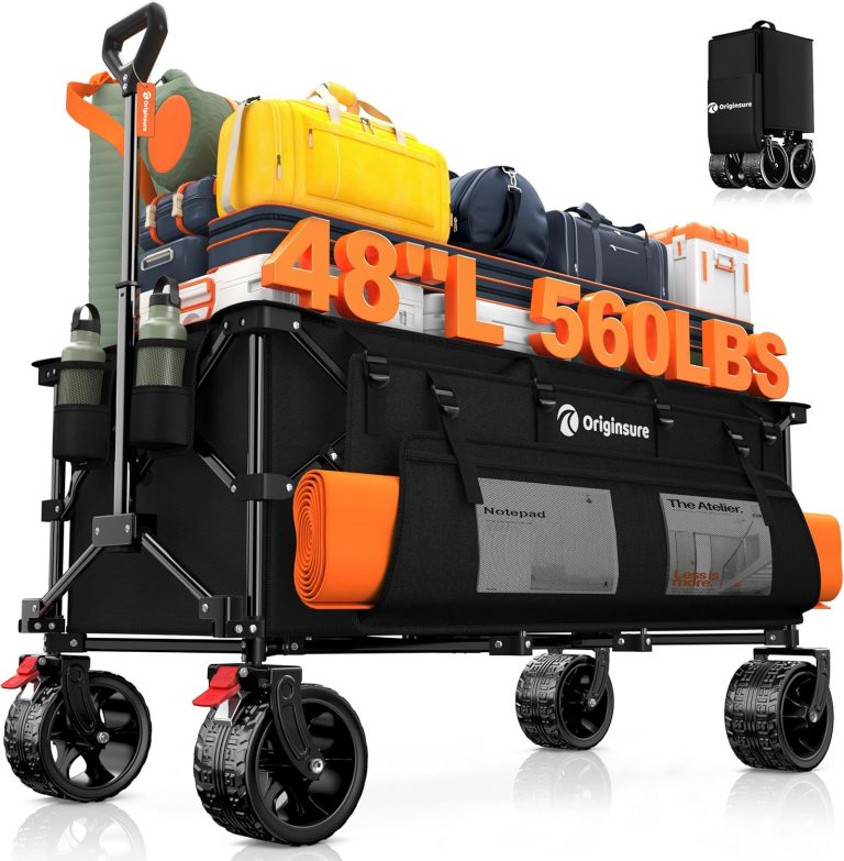 48″ L Collapsible Wagon Cart Foldable, 560lbs Weight Capacity 300L Heavy Duty Folding Beach Wagons with Big All-Terrain Wheels, Utility Carts for Groceries, Shopping, Camping, Sports – Black