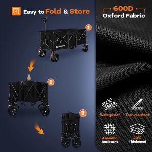 48 L Collapsible Wagon Cart Foldable, 560lbs Weight Capacity 300L Heavy Duty Folding Beach Wagons with Big All-Terrain Wheels, Utility Carts for Groceries, Shopping, Camping, Sports - Black - 9