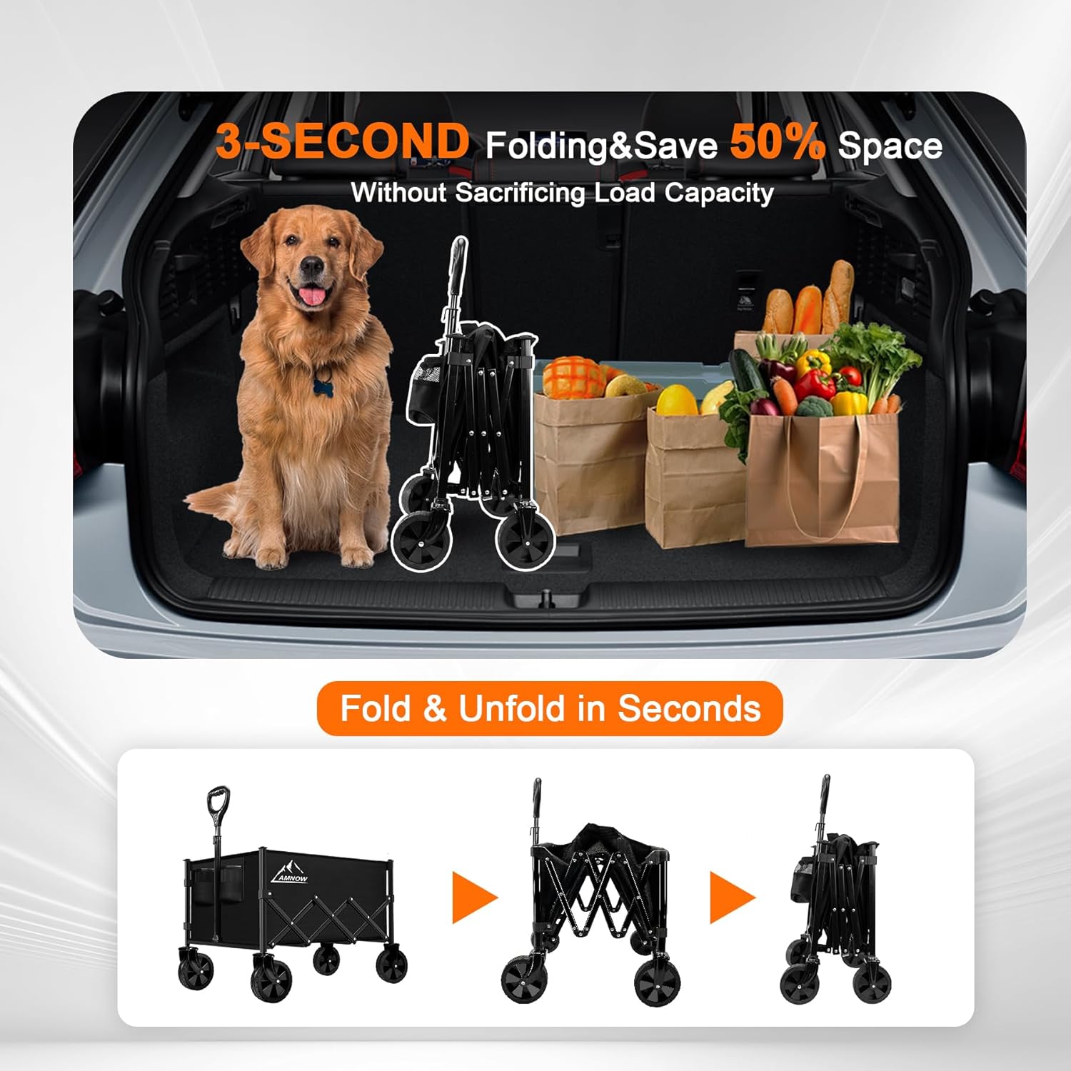 Collapsible Folding Wagon Cart, 350LBS Utility Large Capacity Cart Foldable Wagon with All Terrain Wheels, Grocery Wagons Carts for Garden Shopping Sports Camping, Black - 7