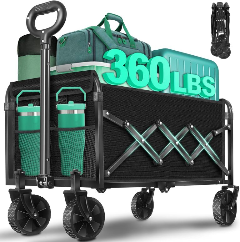 Collapsible Wagon Cart with Wheels Foldable: 360LBS Heavy Duty Folding Utility Wagon – Portable All Terrain Grocery Wagon Cart for Groceries Shopping Outdoor Camping Fishing Sports