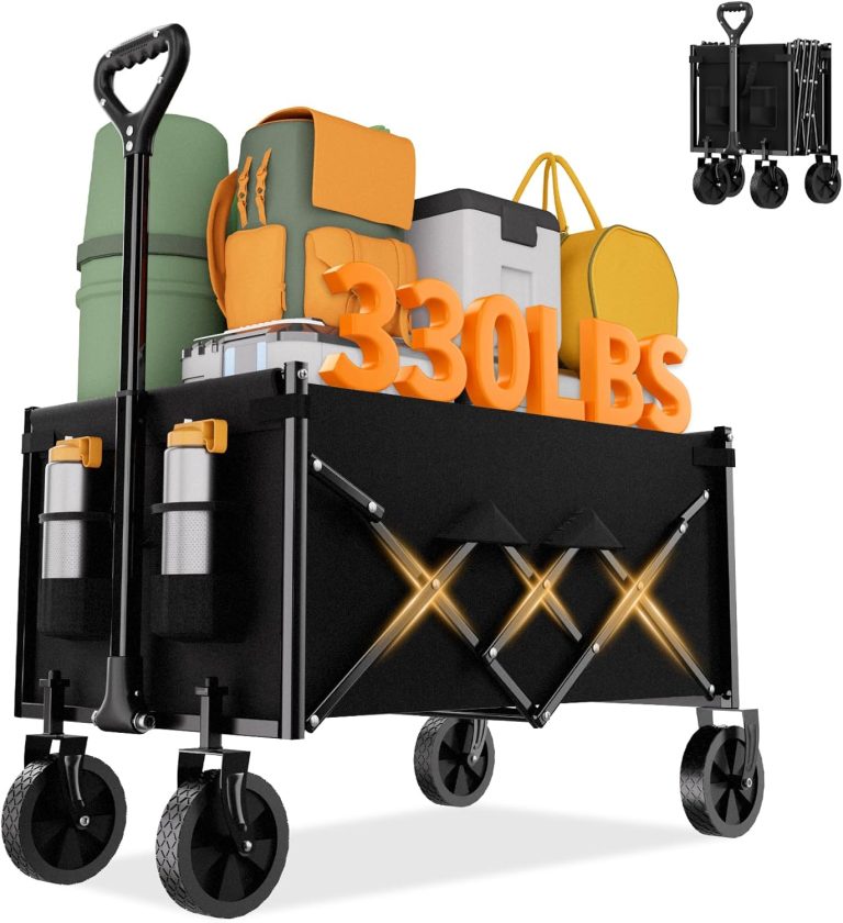 Favoyard Collapsible Wagon 100L & 330LBS, Heavy Duty Wagon Carts Foldable, Portable Folding Wagons with All – Terrain Wheels& Drink Holders, for Grocery Camping Beach Shopping Garden, Black