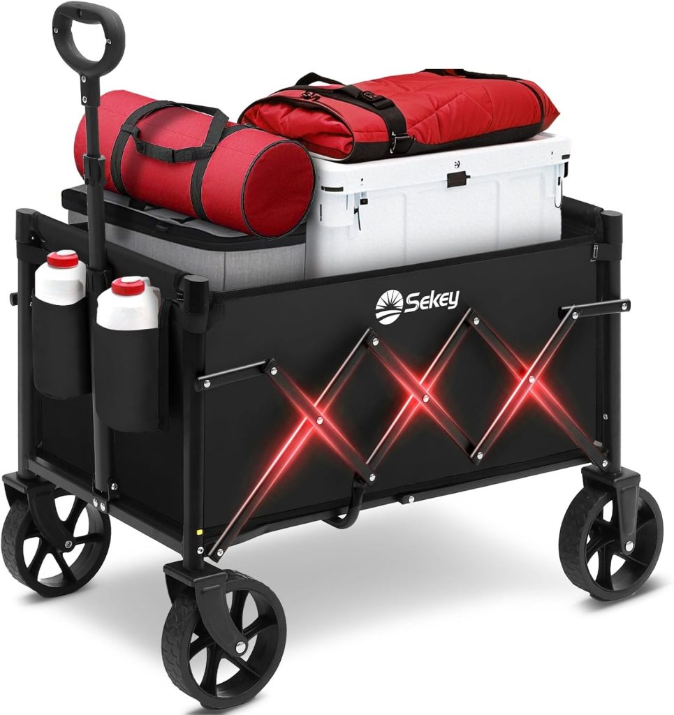 Sekey Wagon Cart with Wheels with 220LBS Capacity,Heavy Duty Wagon Carts Foldable with Drink Holders,Lightweight Utility Portable Cart for Grocery, Shopping, Garden, Camping. Black