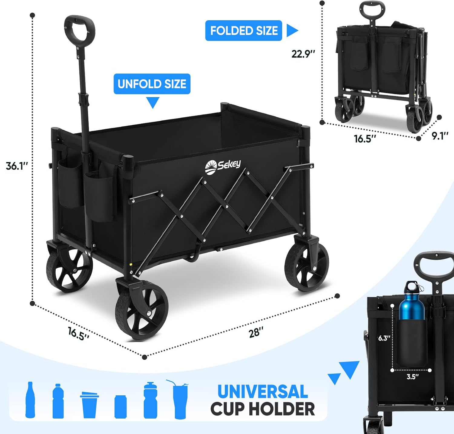 Sekey Wagon Cart with Wheels with 220LBS Capacity,Heavy Duty Wagon Carts Foldable with Drink Holders,Lightweight Utility Portable Cart for Grocery, Shopping, Garden, Camping. Black - 7