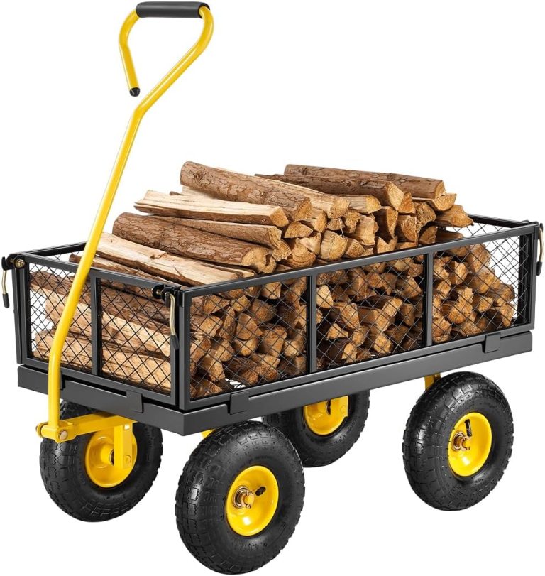 VEVOR 500 Lbs Steel Garden Cart, Heavy Duty Garden Wagon Cart Pullable on Wheels, Metal Yard Utility Wagon Carts with 10″ All Terrain Tires, Mesh Removable Sides and 180°Rotating Handle