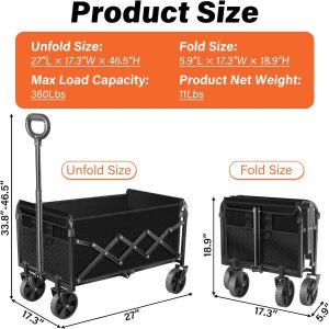 Wagons Carts Foldable - 360Lbs Collapsible Wagon Cart with Wheels Portable - Folding Wagon Lightweight for Camping, Sports, Travel, Picnic, Groceries, Shopping - 6