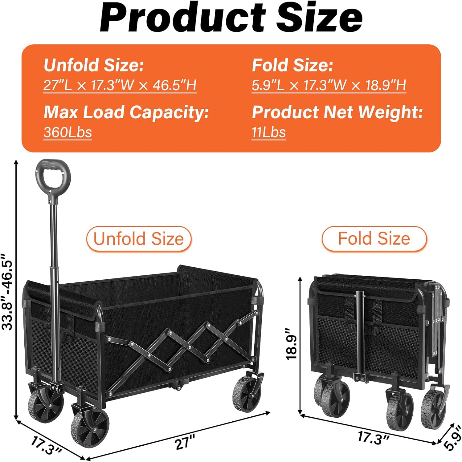Wagons Carts Foldable - 360Lbs Collapsible Wagon Cart with Wheels Portable - Folding Wagon Lightweight for Camping, Sports, Travel, Picnic, Groceries, Shopping - 6
