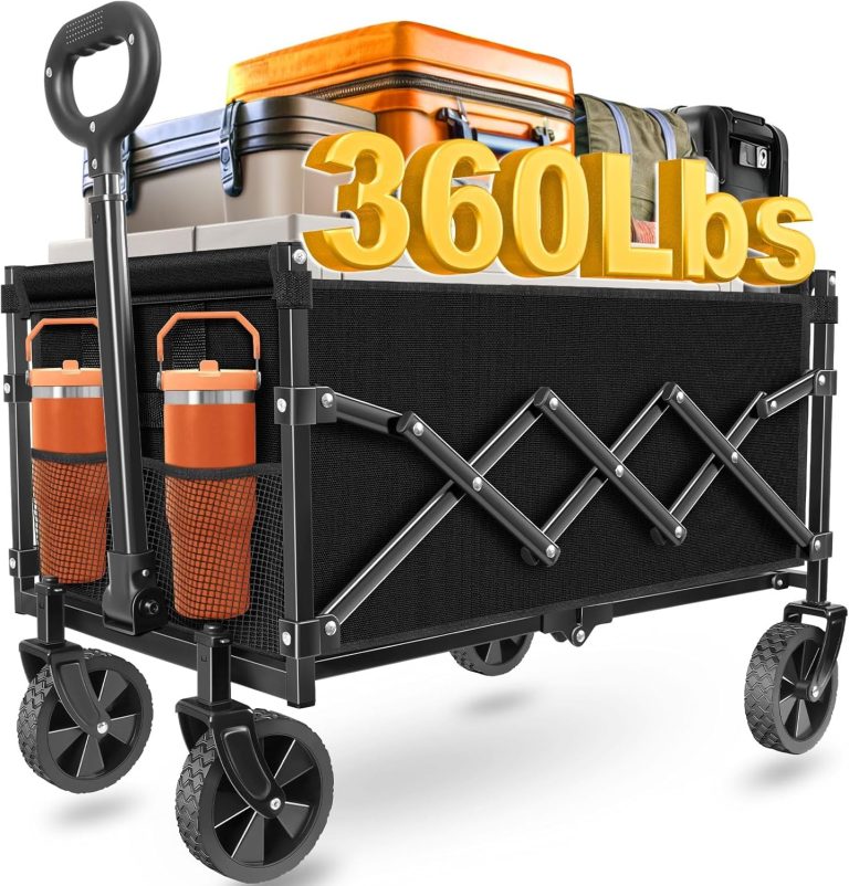 Wagons Carts Foldable, Collapsible Wagon Cart with Wheels – Beach Wagon Cart with Wheels for Sand Sports Camping Grocery, Black