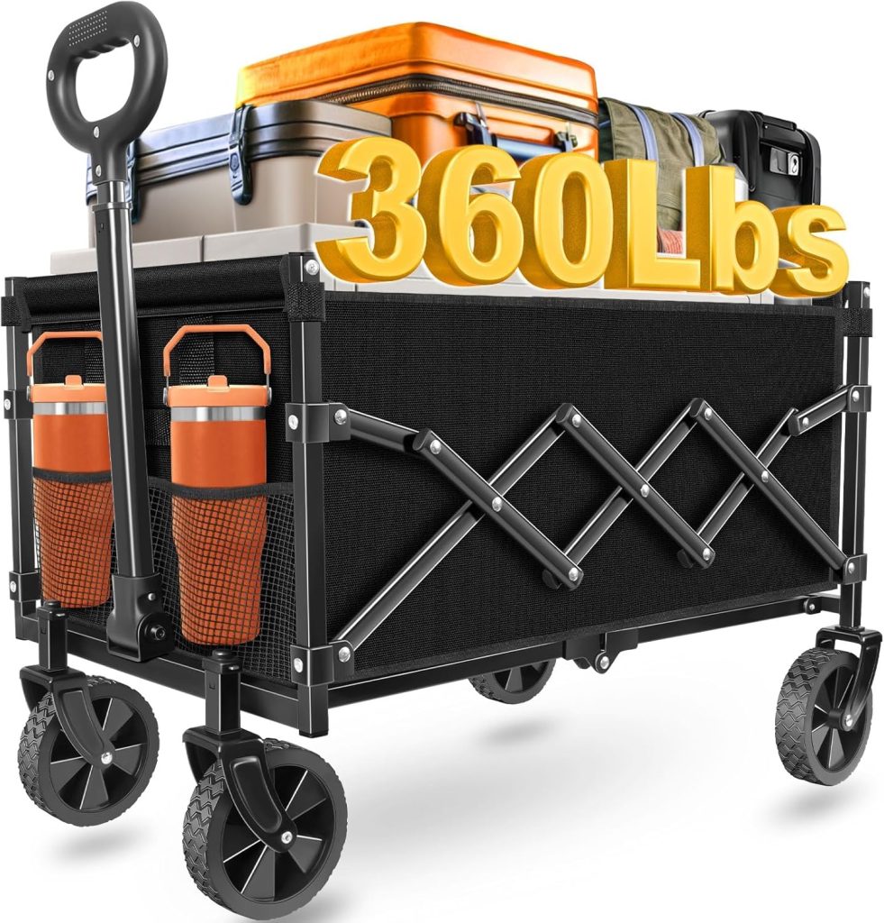 Wagons Carts Foldable, Collapsible Wagon Cart with Wheels - Beach Wagon Cart with Wheels for Sand Sports Camping Grocery, Black - 1