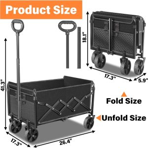 Wagons Carts Foldable, Collapsible Wagon Cart with Wheels - Beach Wagon Cart with Wheels for Sand Sports Camping Grocery, Black - 2