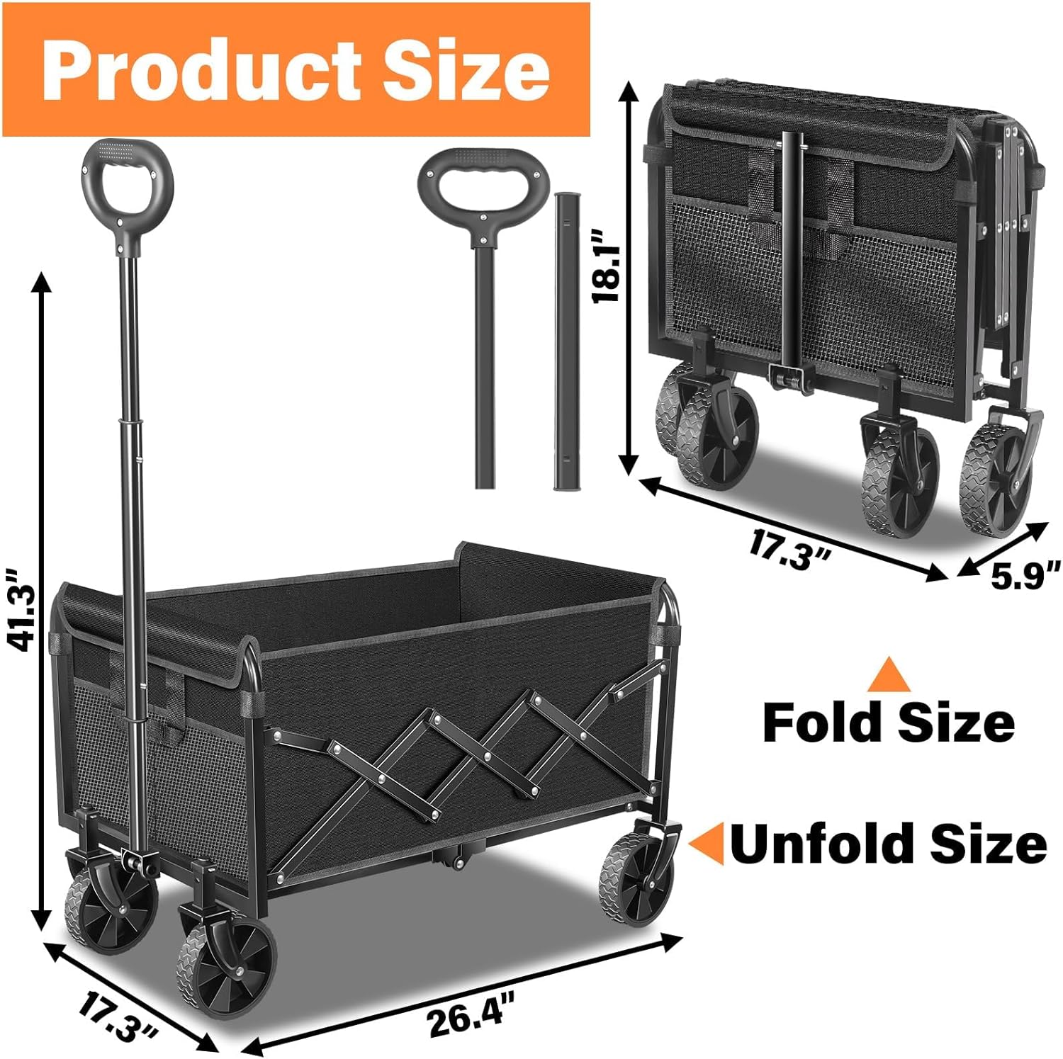 Wagons Carts Foldable, Collapsible Wagon Cart with Wheels - Beach Wagon Cart with Wheels for Sand Sports Camping Grocery, Black - 2