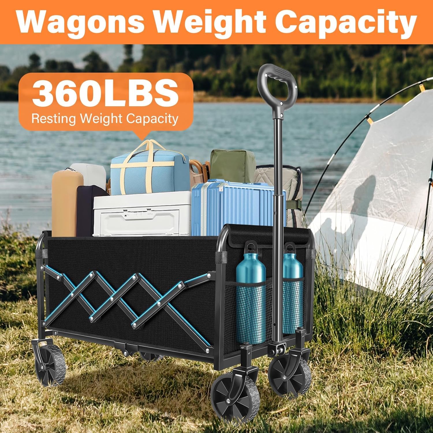 Wagons Carts Foldable, Collapsible Wagon Cart with Wheels - Beach Wagon Cart with Wheels for Sand Sports Camping Grocery, Black - 5