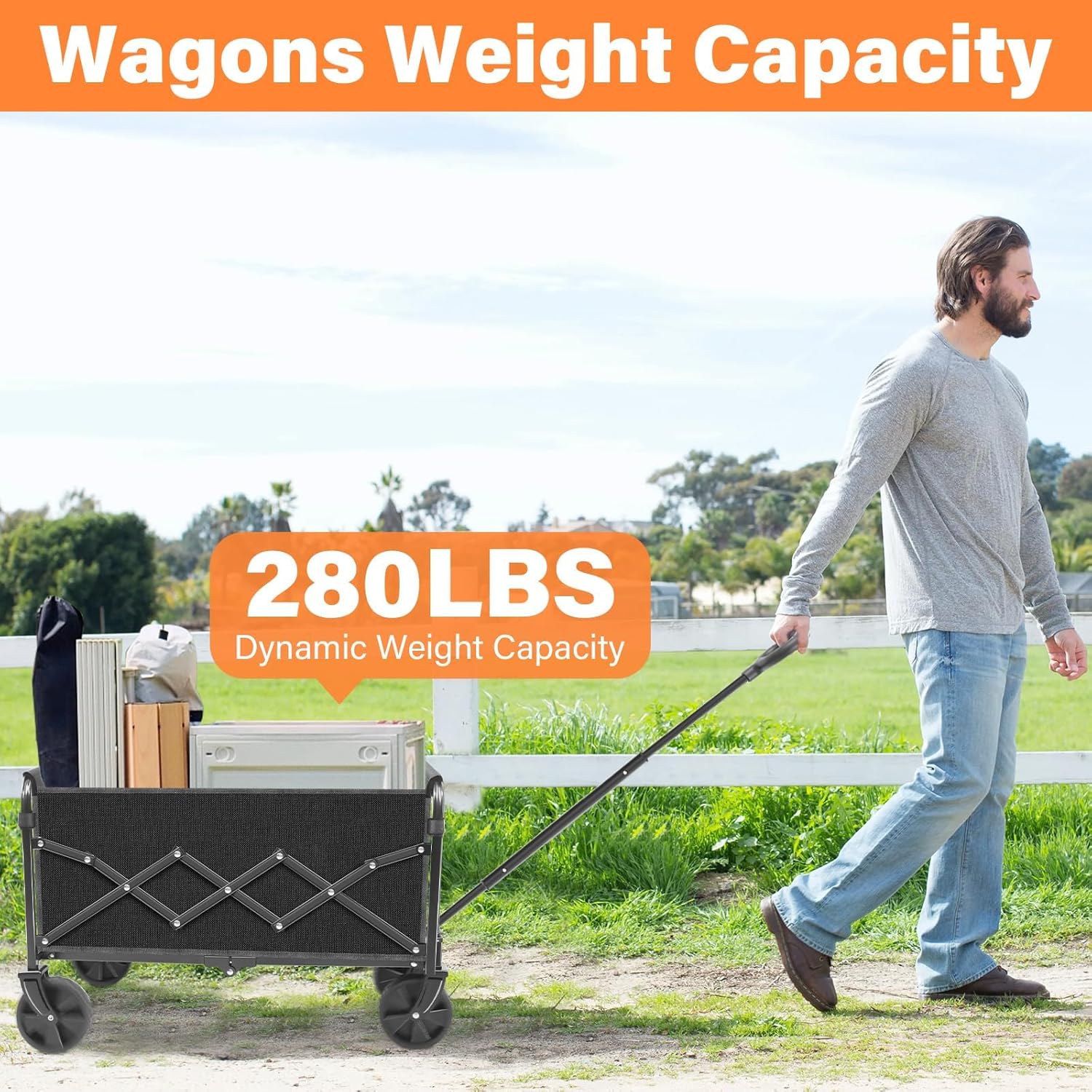 Wagons Carts Foldable, Collapsible Wagon Cart with Wheels - Beach Wagon Cart with Wheels for Sand Sports Camping Grocery, Black - 6