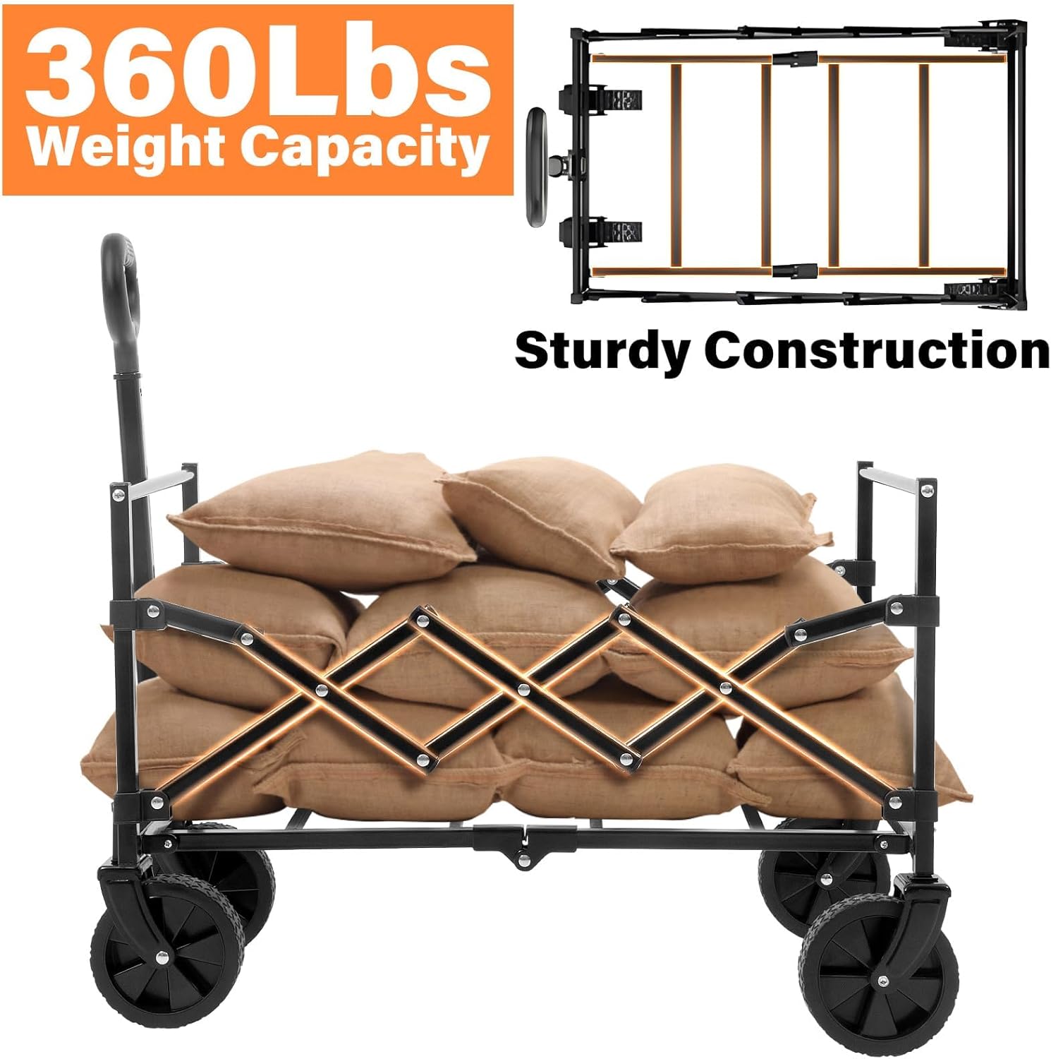 Wagons Carts Foldable, Collapsible Wagon Cart with Wheels - Beach Wagon Cart with Wheels for Sand Sports Camping Grocery, Black - 8