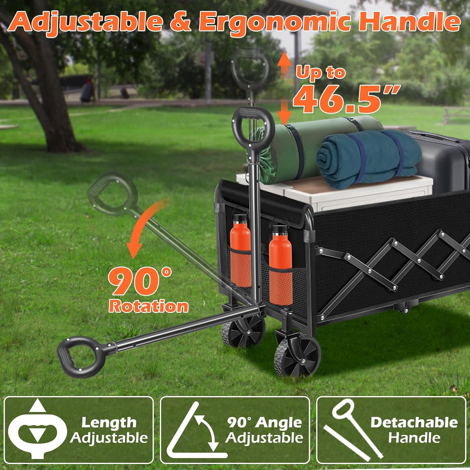Wagons Carts Foldable, Collapsible Wagon, Foldable Wagon Cart with Wheels, Folding Wagons for Beach Camp Sports Garden, 2 Cup Holders-Lightweight Portable-Black-360 LBS - 7