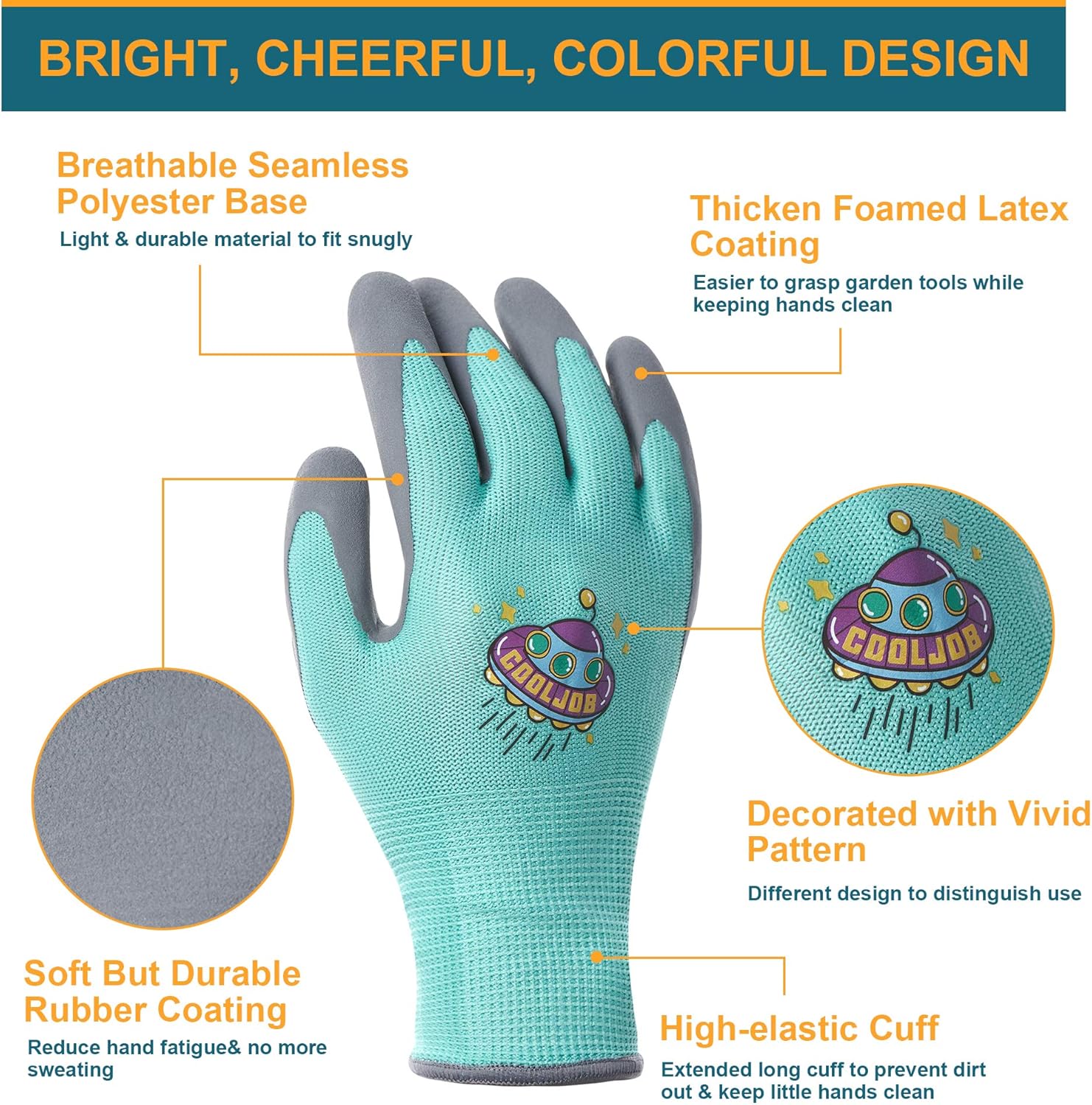 COOLJOB 3 Pairs Kids Gardening Gloves for Age 3-5, Children Grippy Rubber Coated Garden Work Gloves, Orange & Green & Yellow, Small Size - 2