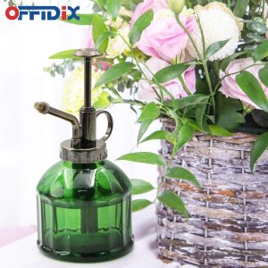 OFFIDIX Glass Plant Mister, 6.3 Inches Tall Vintage Style Spritzer Bronze Plastic Top Pump One Hand Watering Can Indoor Plant Spray Bottle for Garden, Plants, Cleaning (Dark Green) - 7