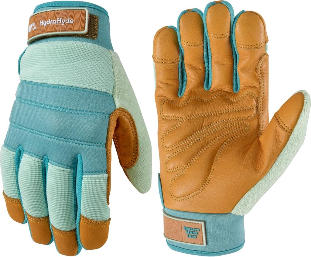 Wells Lamont Women's HydraHyde Leather Hybrid Gloves – Water-Resistant, Durable Cowhide Palm, Spandex Stretch Back – Ideal Landscaping-Farming-Gardening Gloves – Adjustable Wrist– Medium, Blue - 1