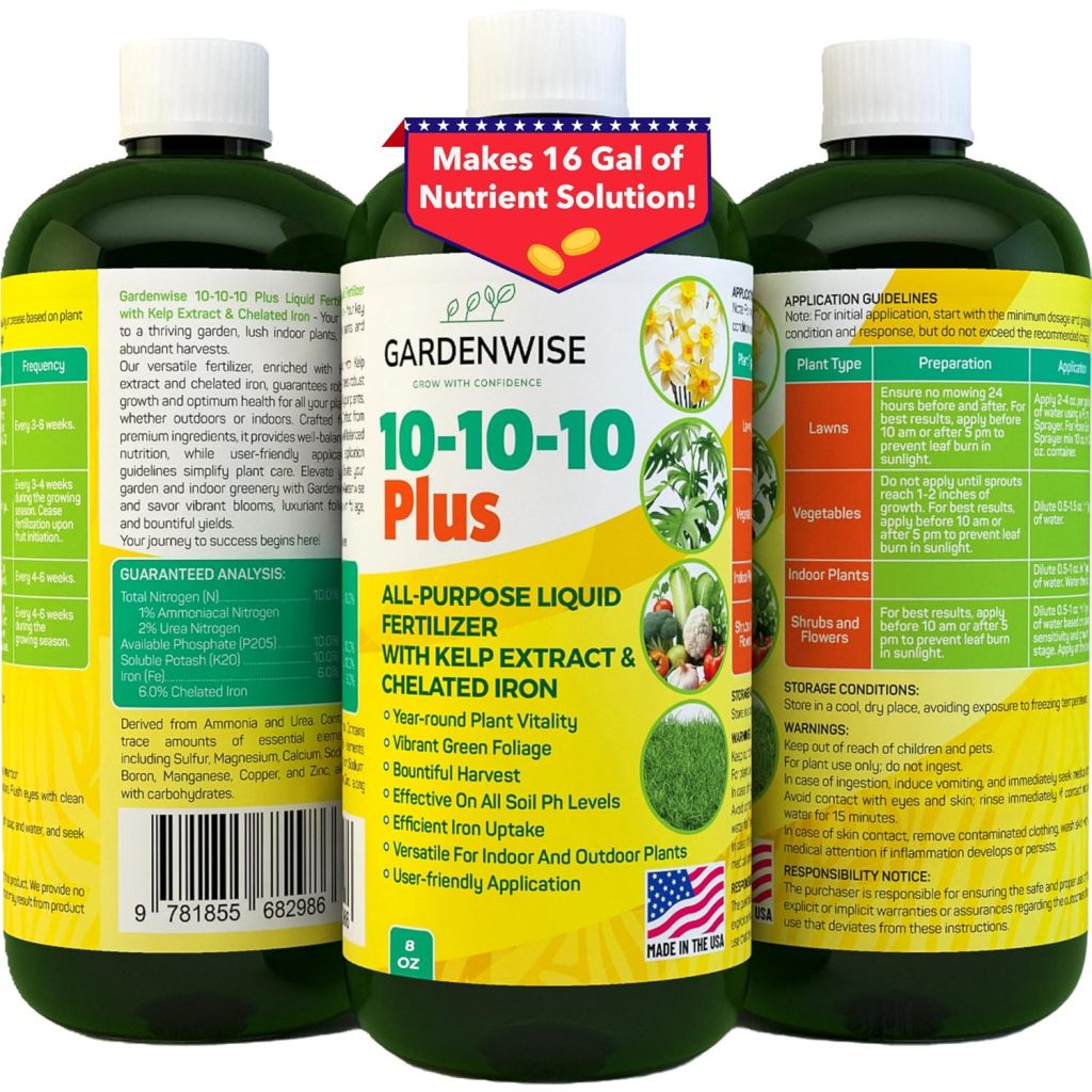 10-10-10 All Purpose Plant Food – Liquid Fertilizer with Seaweed Kelp & Iron – Indoor & Outdoor Plant Food, Vegetables, Flowers, Lawn & Garden 1x8oz
