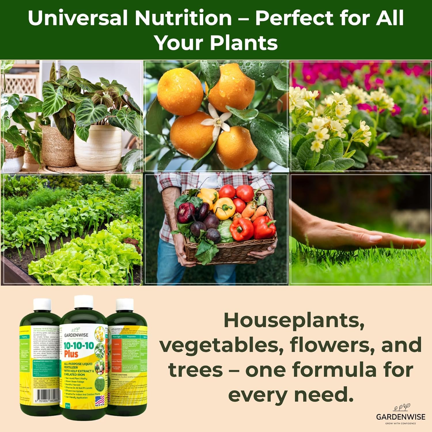 10-10-10 All Purpose Plant Food - Liquid Fertilizer with Seaweed Kelp & Iron - Indoor & Outdoor Plant Food, Vegetables, Flowers, Lawn & Garden 1x8oz - 2