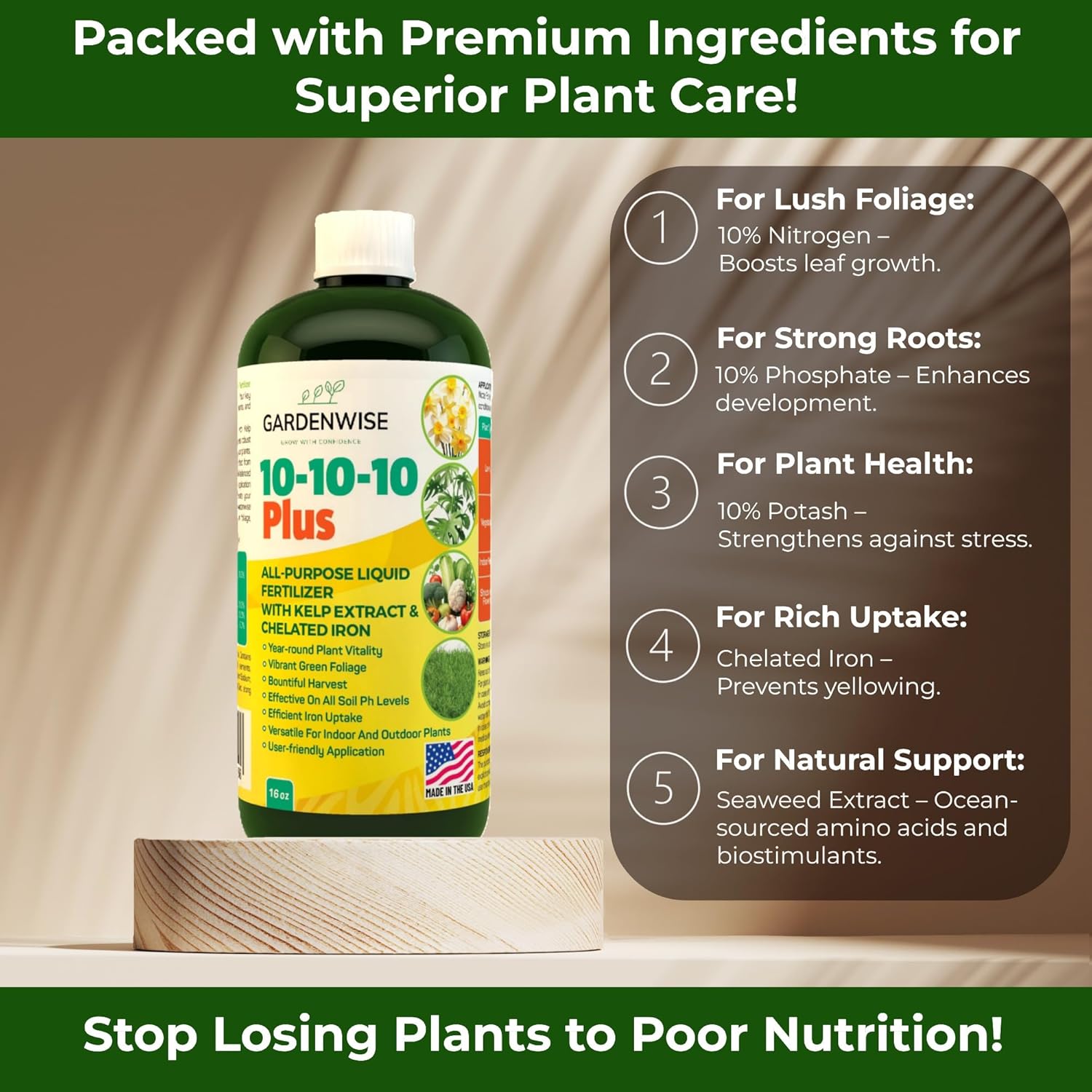 10-10-10 All Purpose Plant Food - Liquid Fertilizer with Seaweed Kelp & Iron - Indoor & Outdoor Plant Food, Vegetables, Flowers, Lawn & Garden 1x8oz - 4