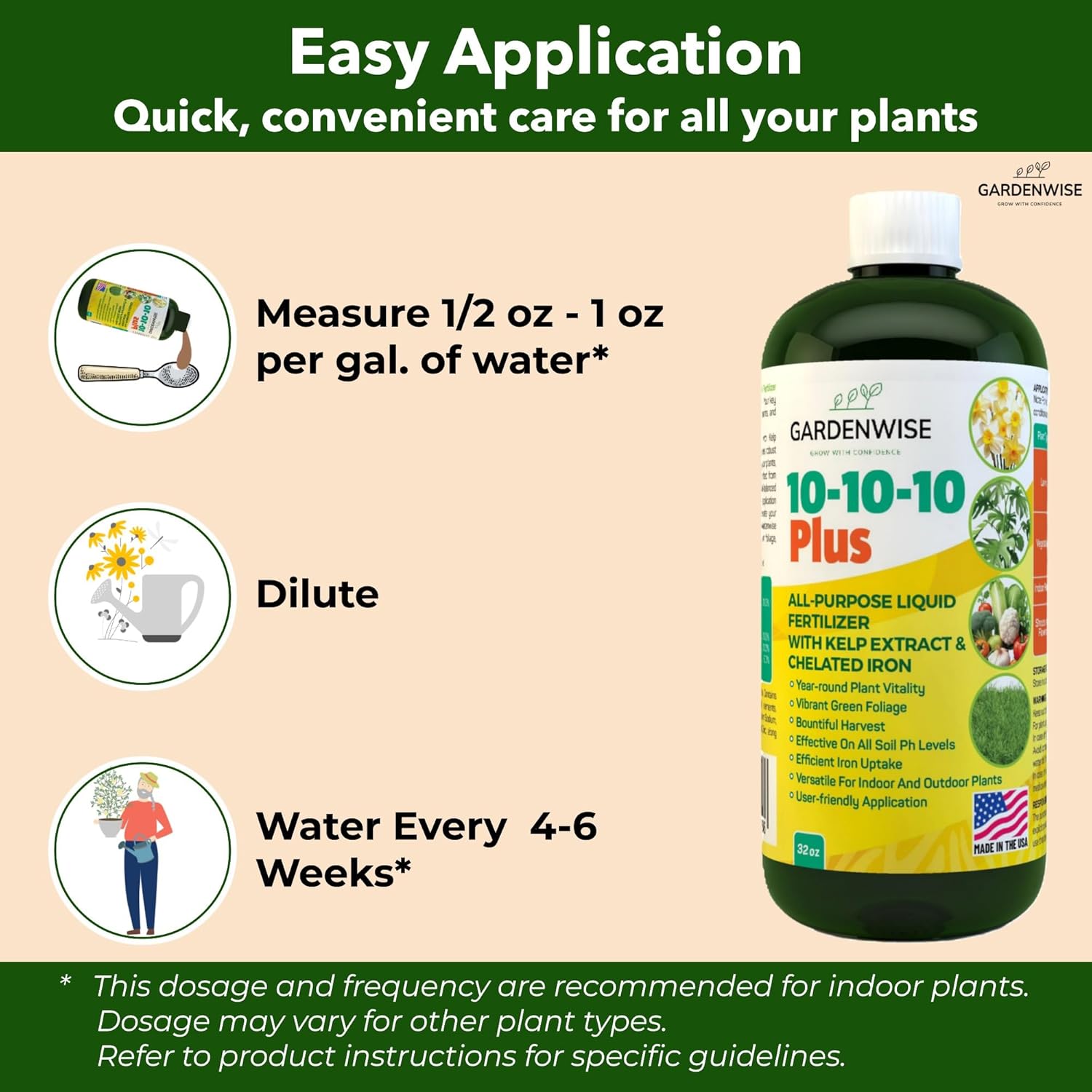 10-10-10 All Purpose Plant Food - Liquid Fertilizer with Seaweed Kelp & Iron - Indoor & Outdoor Plant Food, Vegetables, Flowers, Lawn & Garden 1x8oz - 6