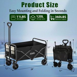Collapsible Wagon Cart Foldable 120L 360lbs Capacity, Lightweight Portable Beach Wagon, Shopping Carts with Wheels for Grocery, Camping, Shopping, Garden Cart - 2